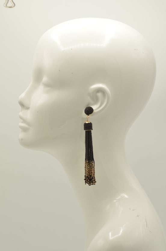 Black and Gold Bohemian Seed Bead Long Tassel Earrings #ER-1184A(TD15)