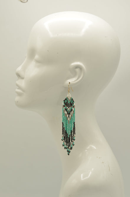 Turquoise, Black, and White Bohemian Seed Bead Long Tassel Earrings #SH-ER-1198(TD19)