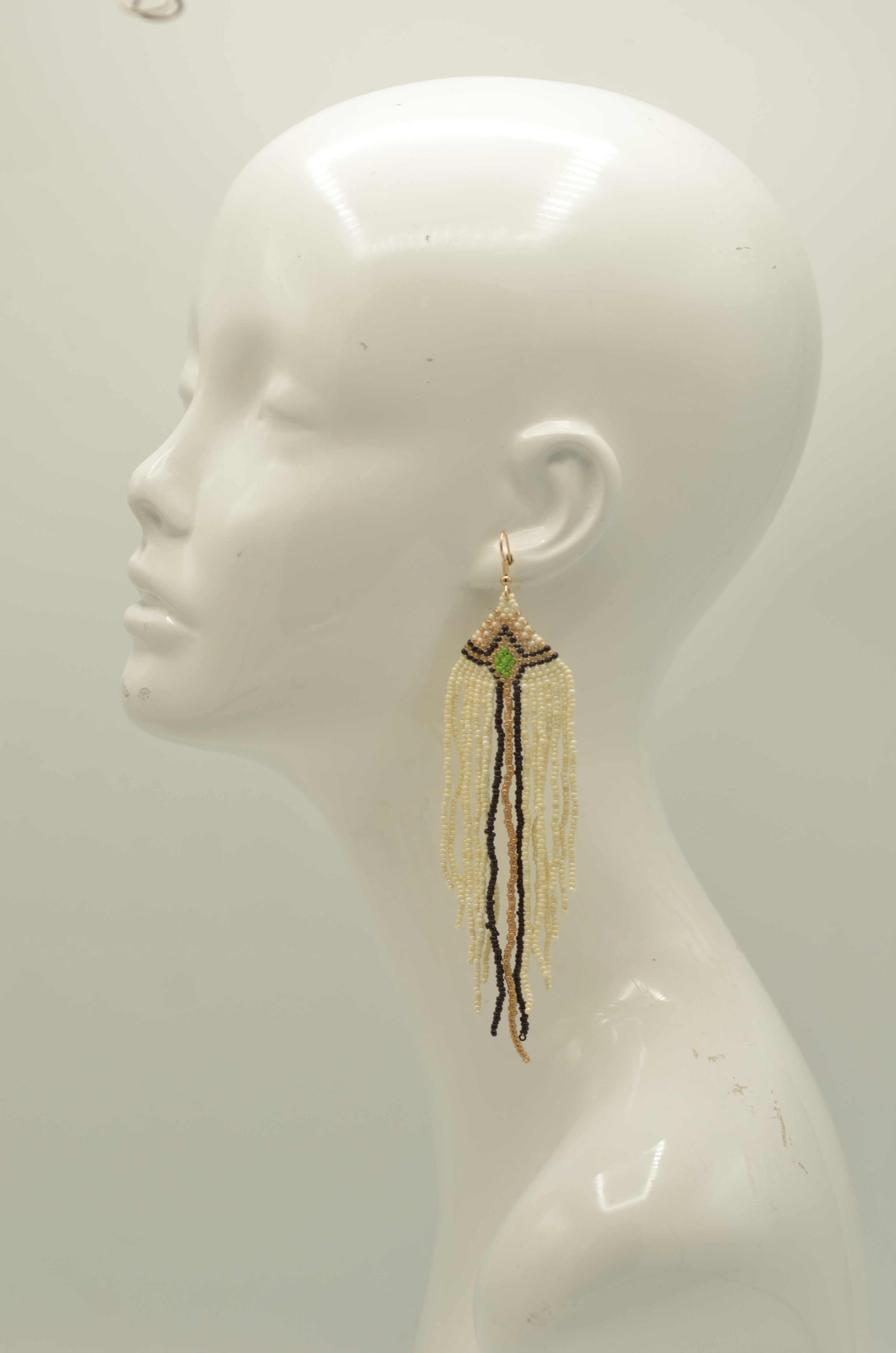 Ivory,Black, And Gold Bohemian Seed Bead Long Tassel Earrings #SH-ER-1195(OE25)