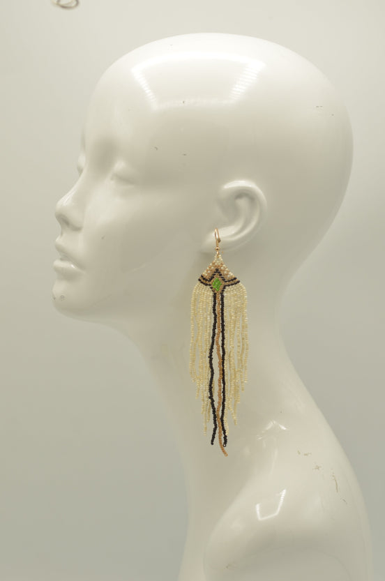 Ivory,Black, And Gold Bohemian Seed Bead Long Tassel Earrings #SH-ER-1195(OE25)
