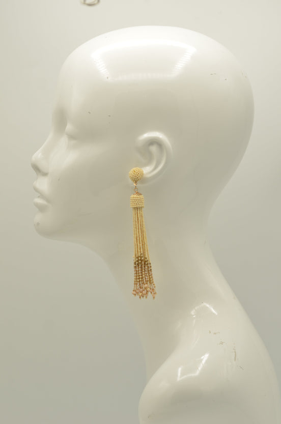 Ivory and Gold Bohemian Seed Bead Long Tassel Earrings #ER-1184(TD15)