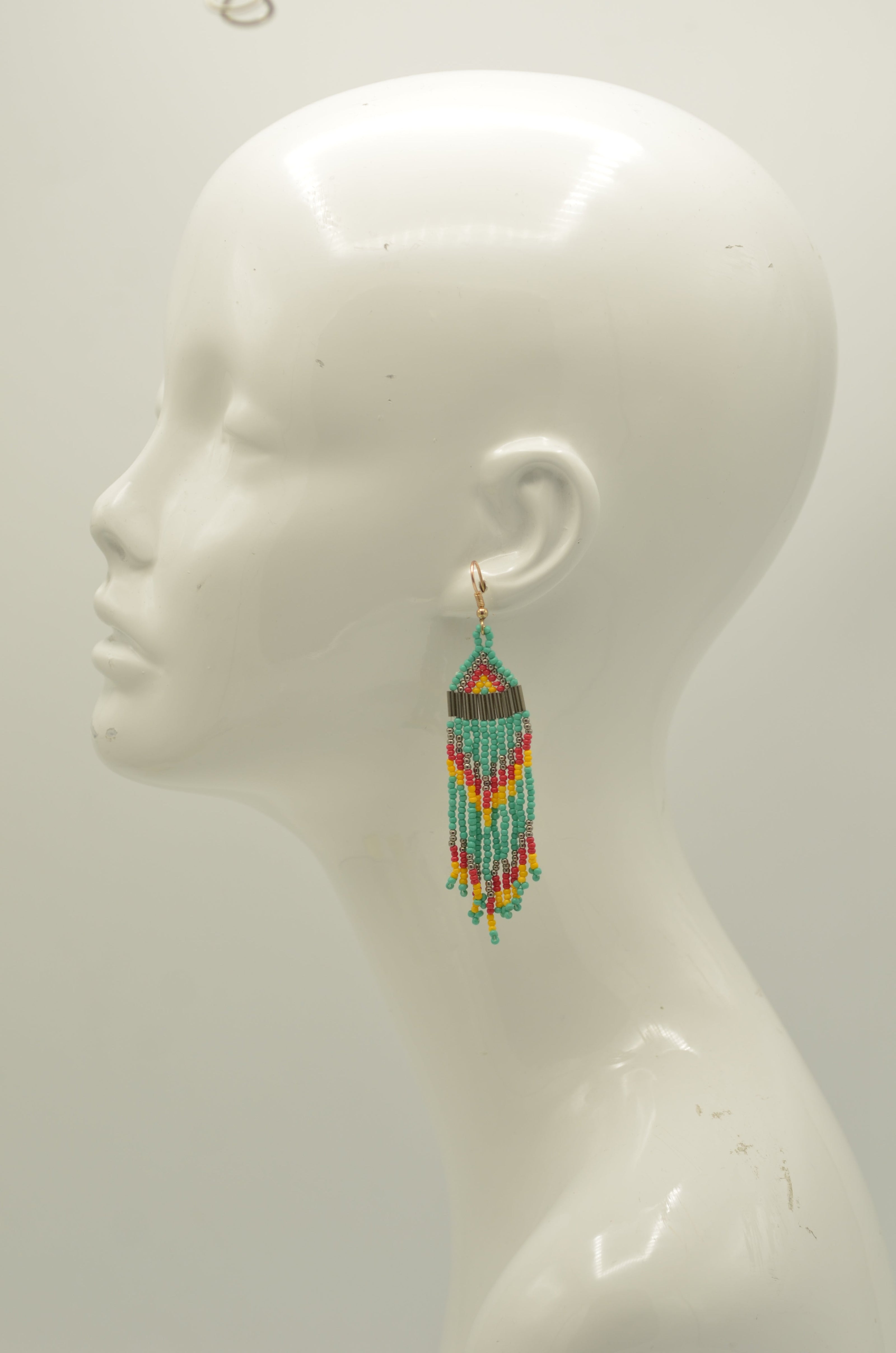 Turquoise, Coral, and Yellow Bohemian Seed Bead Long Tassel Earrings #SH-ER-1201(TD18)