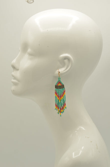 Turquoise, Coral, and Yellow Bohemian Seed Bead Long Tassel Earrings #SH-ER-1201(TD18)