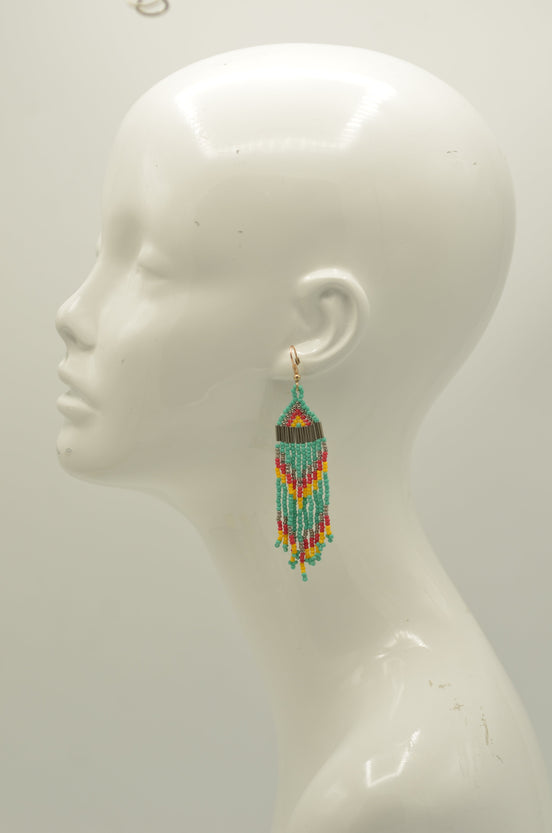 Turquoise, Coral, and Yellow Bohemian Seed Bead Long Tassel Earrings #SH-ER-1201(TD18)