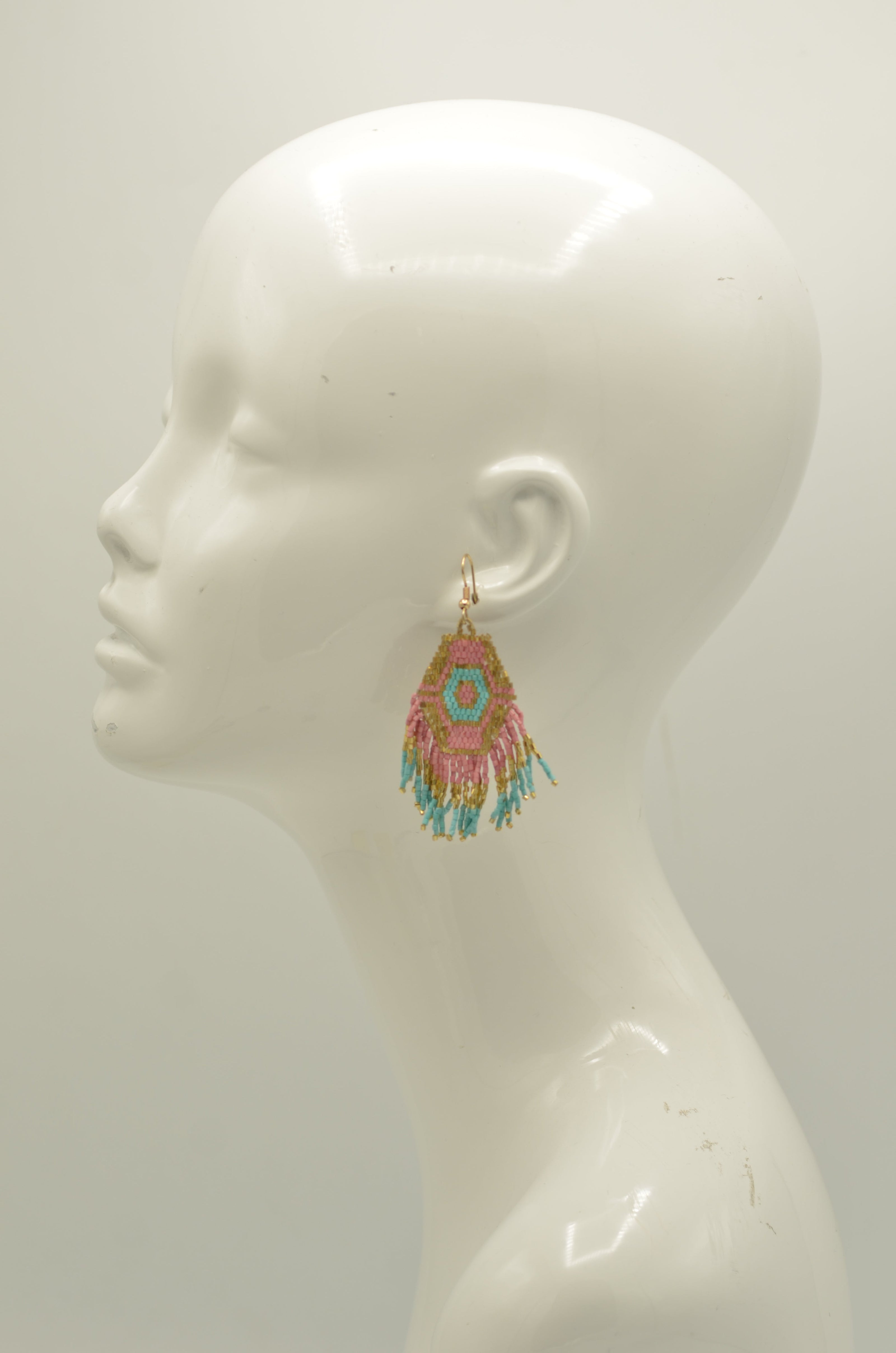 Light Pink and Turquoise Bohemian Seed Bead Tassel Earrings #ER-1181(TE16)