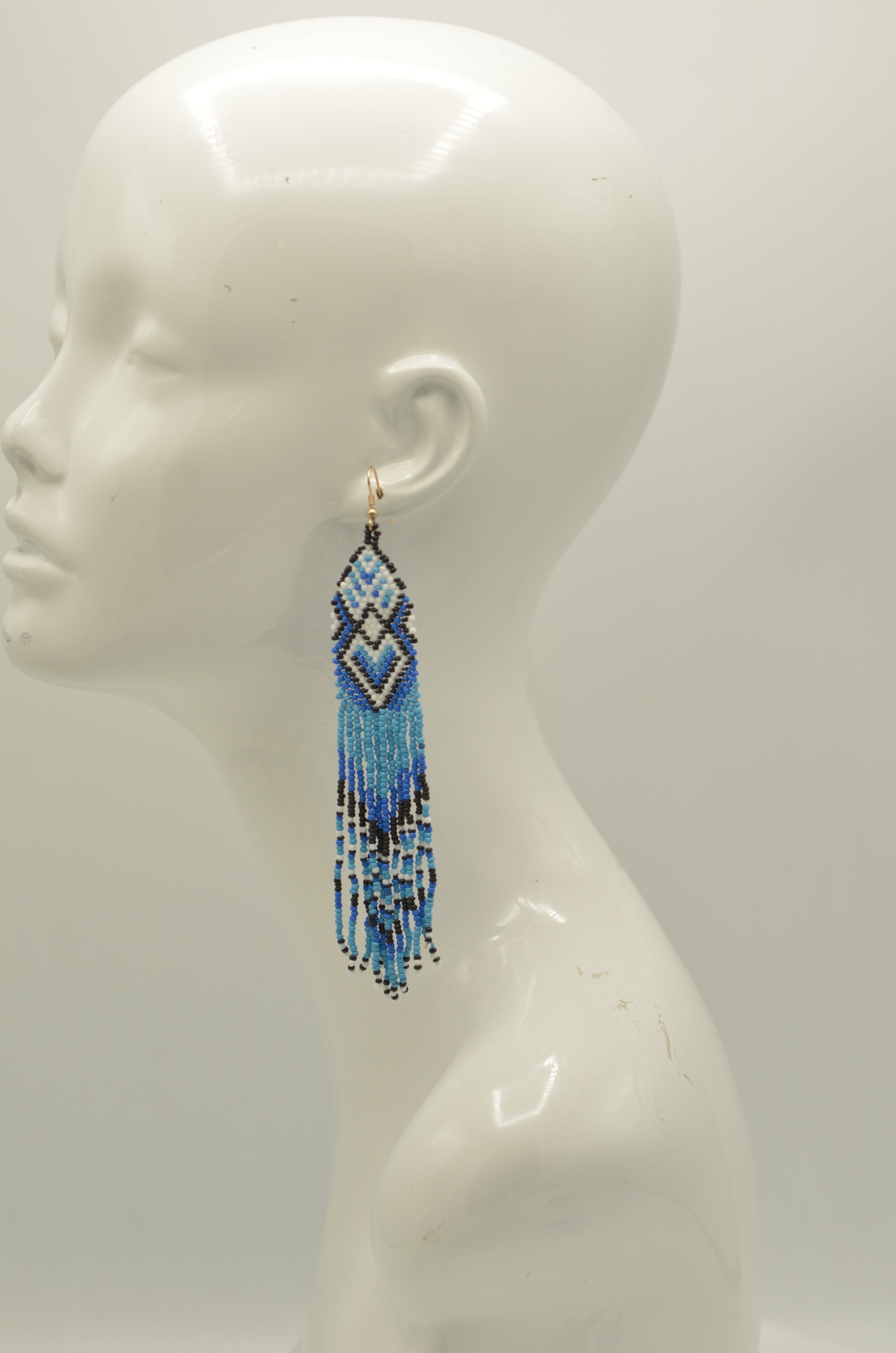 Blue Black and white Bohemian Seed Bead Long Tassel Earrings#SH-ER-1206(OF25)