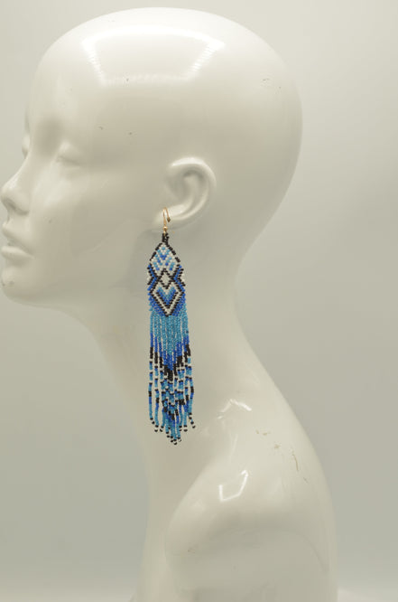 Blue Black and white Bohemian Seed Bead Long Tassel Earrings#SH-ER-1206(OF25)