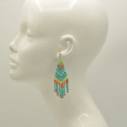Turquoise and Multi-Color Bohemian Seed Bead Long Tassel Earrings#ER-1171(TE15)