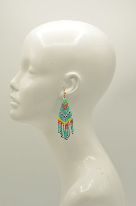 Turquoise and Multi-Color Bohemian Seed Bead Long Tassel Earrings#ER-1171(TE15)