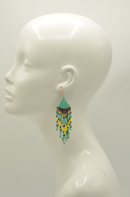 Turquoise, Black, Yellow, and Gold Bohemian Seed Bead Long Tassel Earrings #SH-ER-1211(TE14)