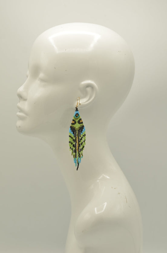 Bohemian Seed Bead Tassel Earring – 4" Green with Blue,Gold & Black Accents #ER-11926(LC1)