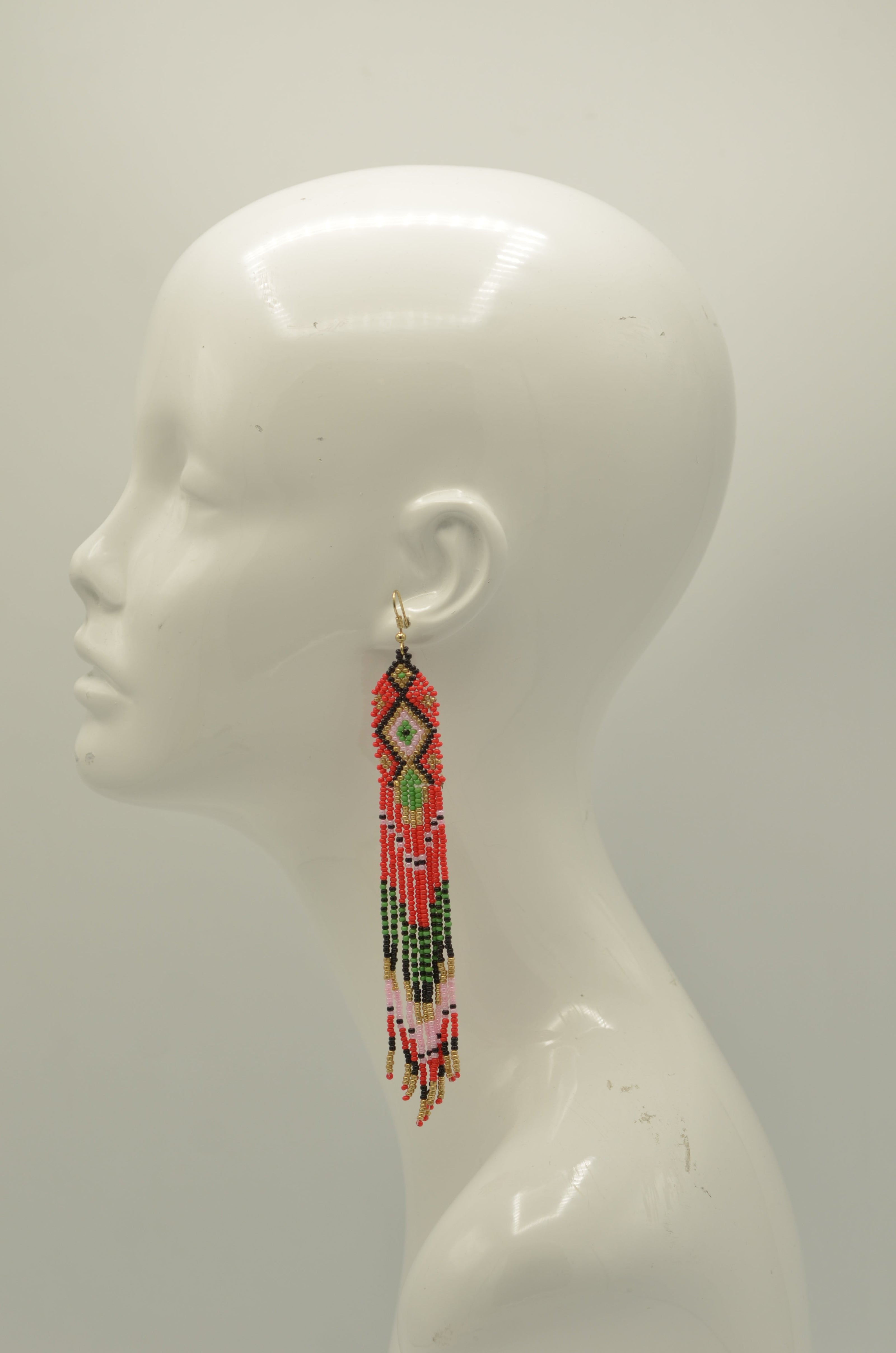 Red, Green,Gold,Black and Pink Bohemian Seed Bead Long Tassel Earrings #ER-11914(LC1)