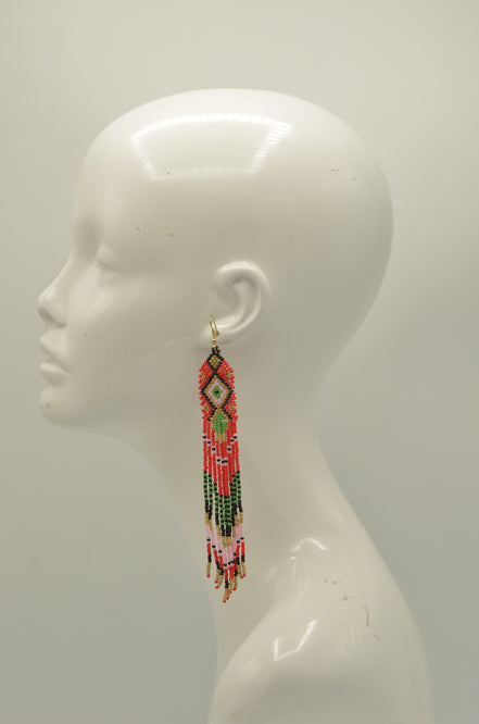 Red, Green,Gold,Black and Pink Bohemian Seed Bead Long Tassel Earrings #ER-11914(LC1)