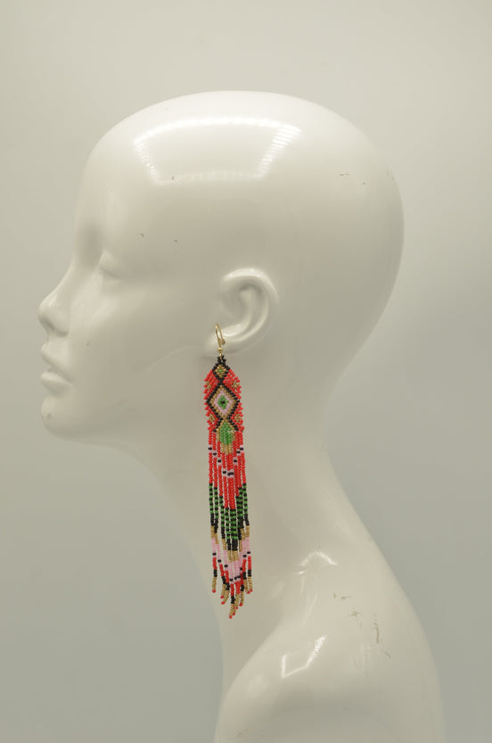 Red, Green,Gold,Black and Pink Bohemian Seed Bead Long Tassel Earrings #ER-11914(LC1)