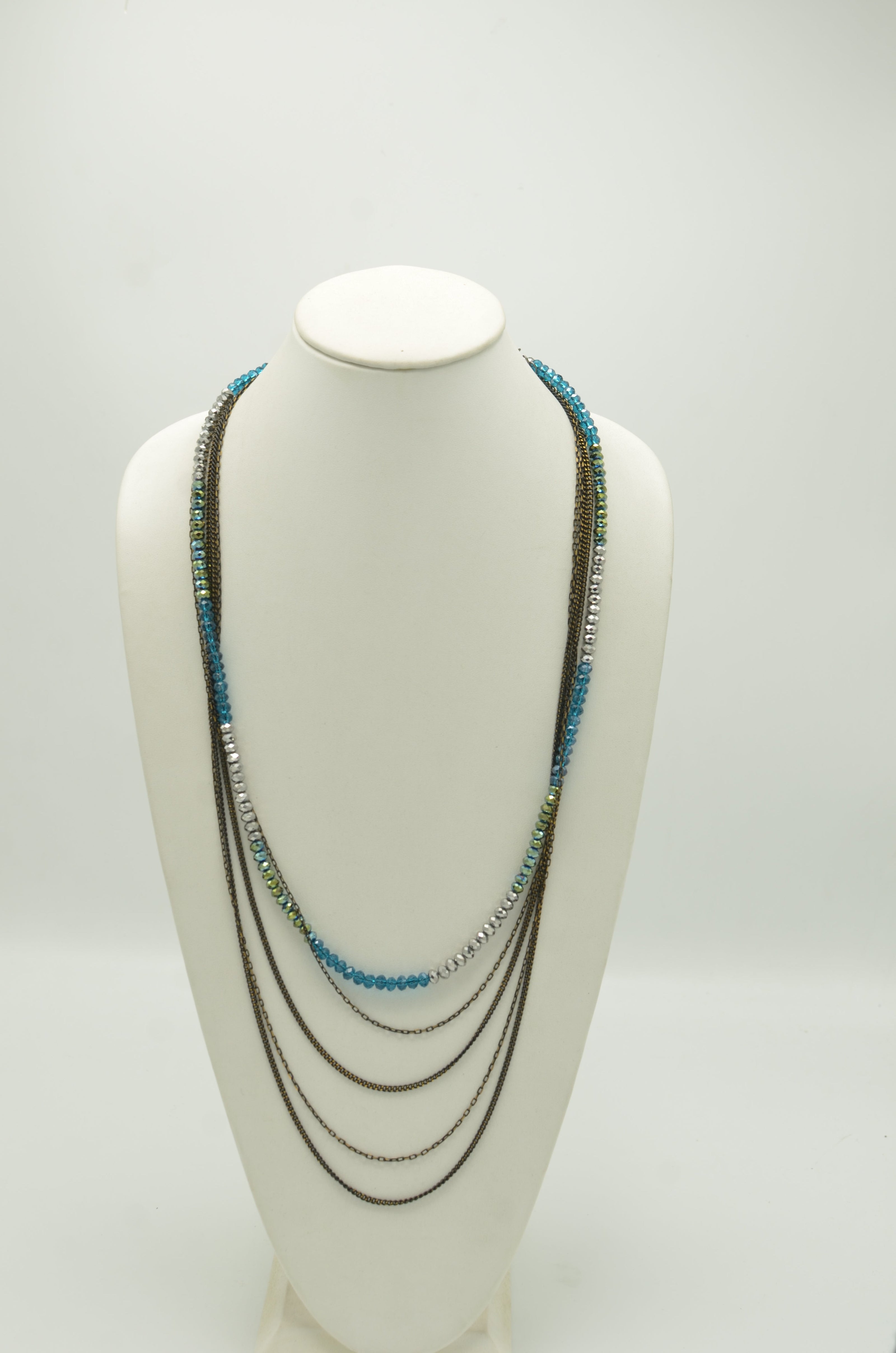Silver Teal Mixed glass Beads and metal Five-Strand Long Necklace  #HNN92359_TEAL-SIL-OLIVE (TA4/R-TH16)