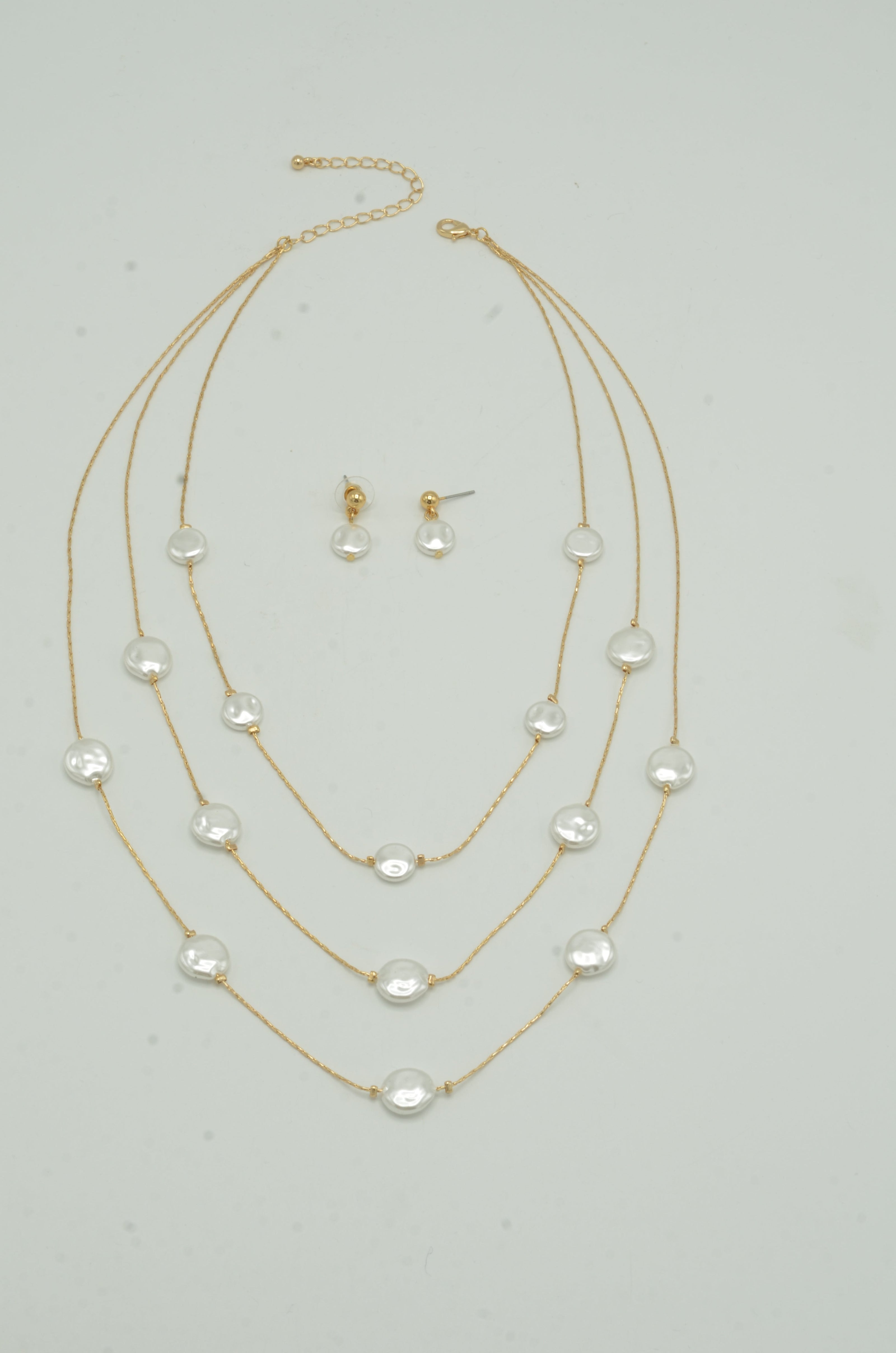 Gold Three row pearl necklace and earrings set #SQTDJ0004(NC12)