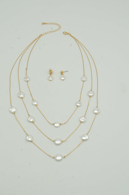 Gold Three row pearl necklace and earrings set #SQTDJ0004(NC12)