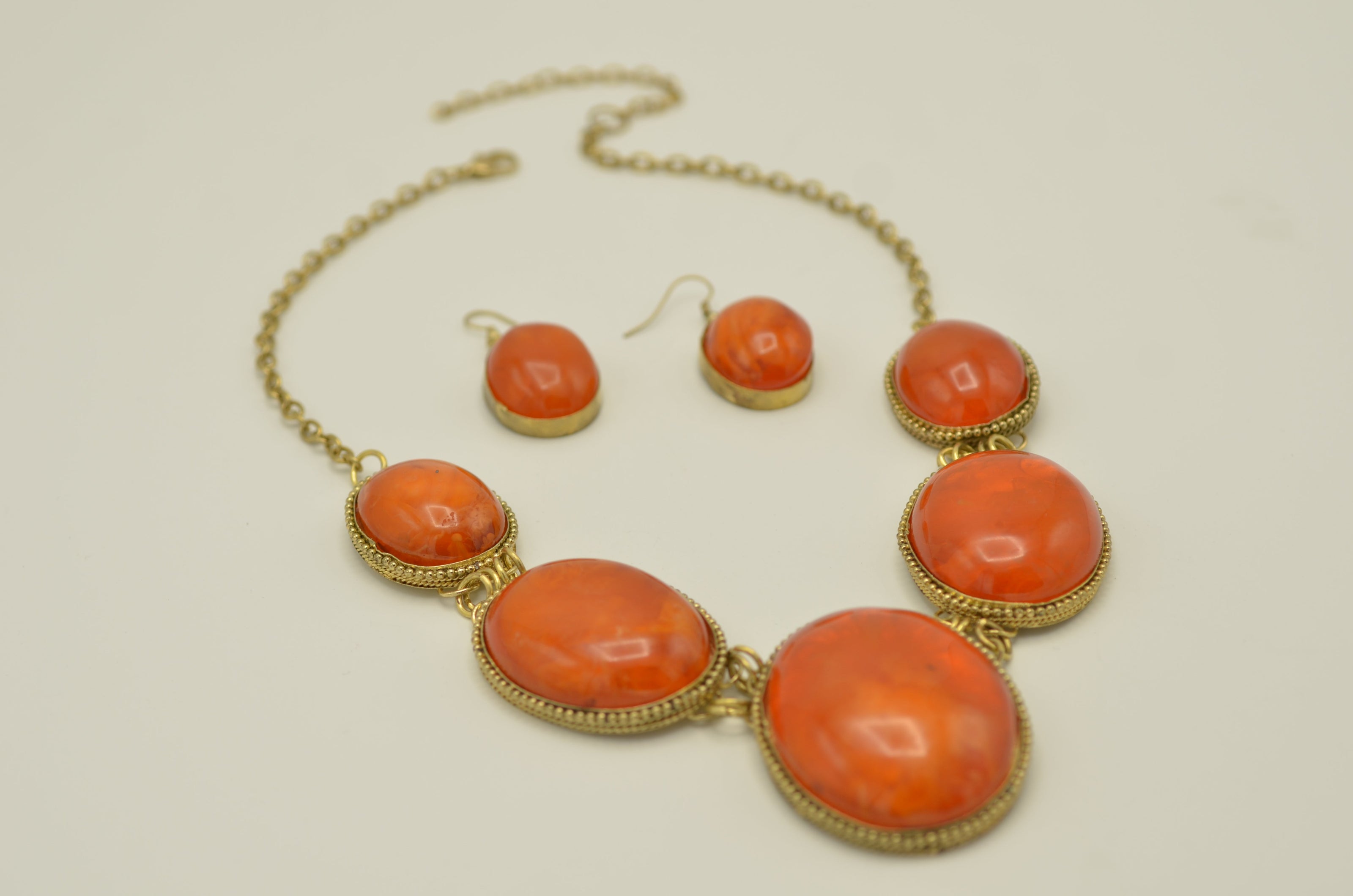 Orange Oval Resin Stone Gold Disc Necklace and Earrings Set#FWNK-1704-106(LC13/DB1)