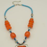 Blue Orange and Silver Beads and Orange and Silver Pendant necklace #FWNK-1808-28
