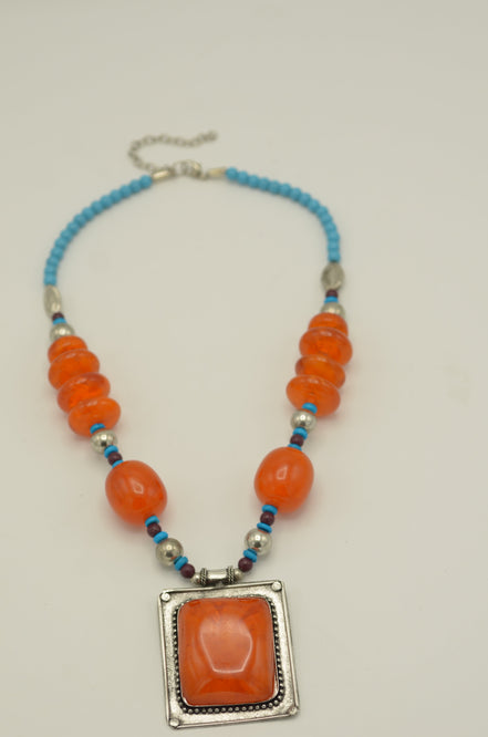Blue Orange and Silver Beads and Orange and Silver Pendant necklace #FWNK-1808-28