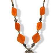 Orange Black and wood beads with Silver Pendant Necklace #FWNK-2109-01-A