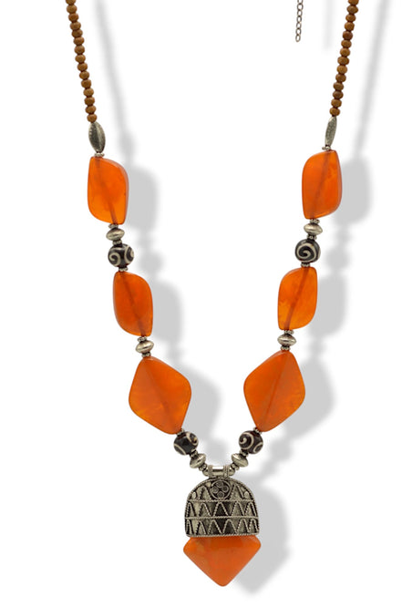 Orange Black and wood beads with Silver Pendant Necklace #FWNK-2109-01-A