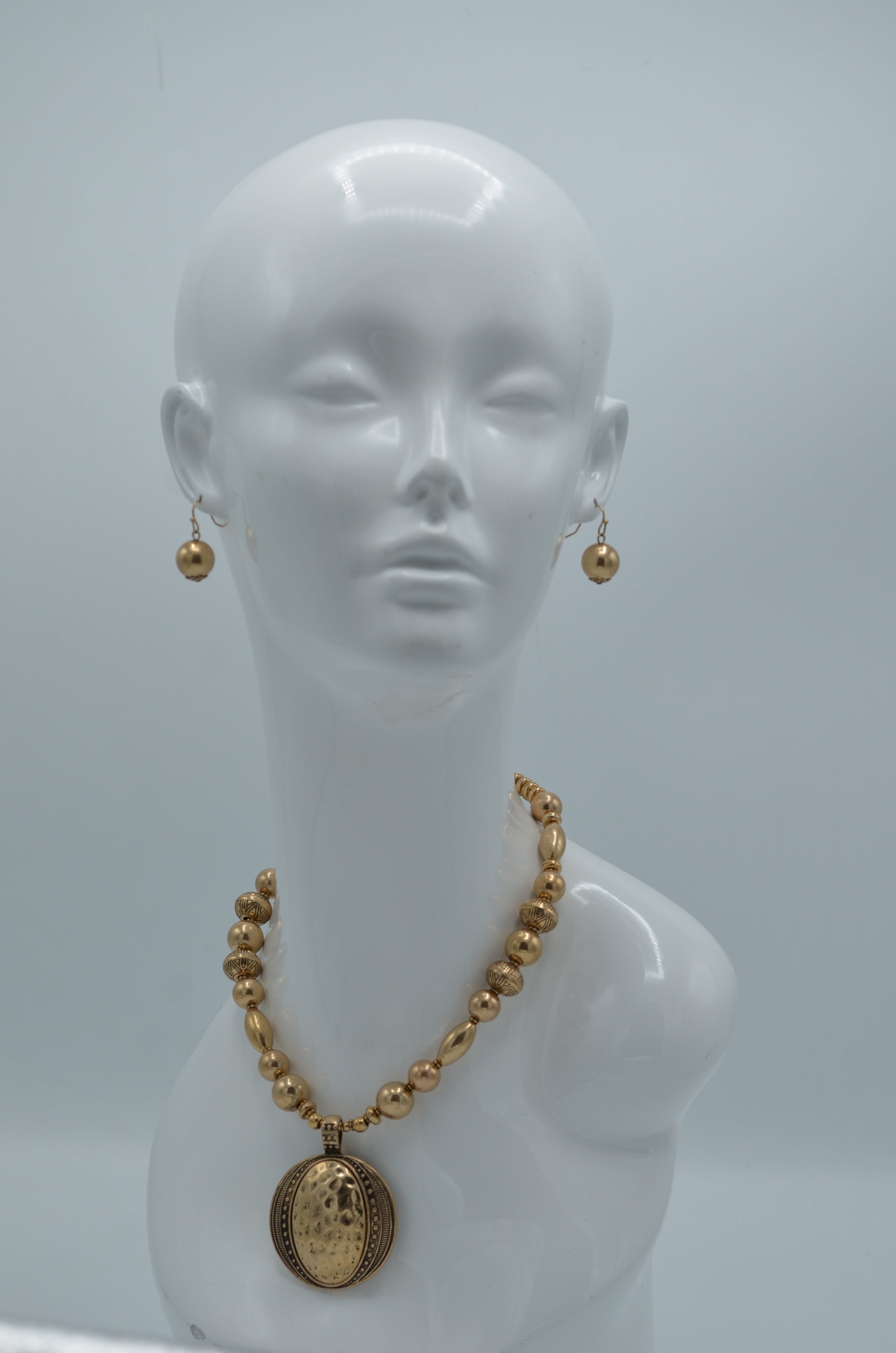 Gold Oxidize Beads and Gold Hammered Round Pendant  Necklace And Earrings Set #HNN+E89315GDOX (XB20)