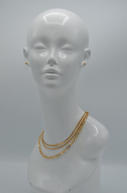 Gold Plated Triple Layer Necklace and Earrings set #HNN+E90878G(JE5)