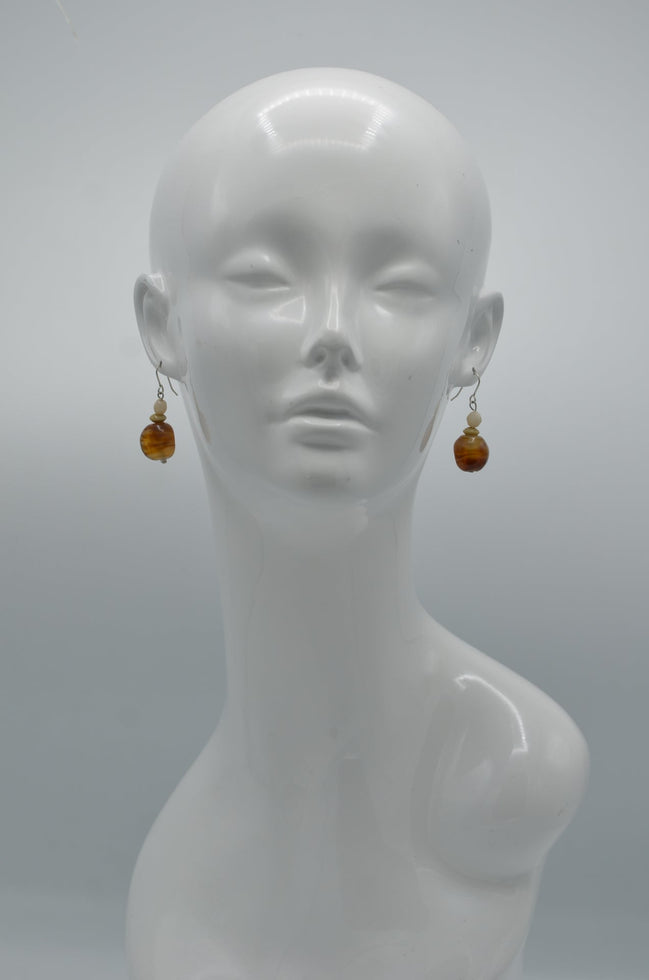Silver Brown And Cream Beads Drop Earrings #FW-WS23698E62 (SHBE4)