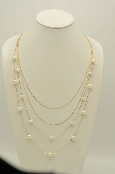 Gold And Cream Pearl Four Row Layer Necklace And Earrings Set #SQWS091251G (HE18)
