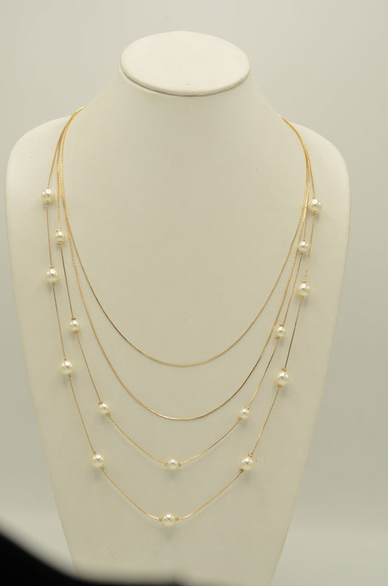 Gold And Cream Pearl Four Row Layer Necklace And Earrings Set #SQWS091251G (HE18)