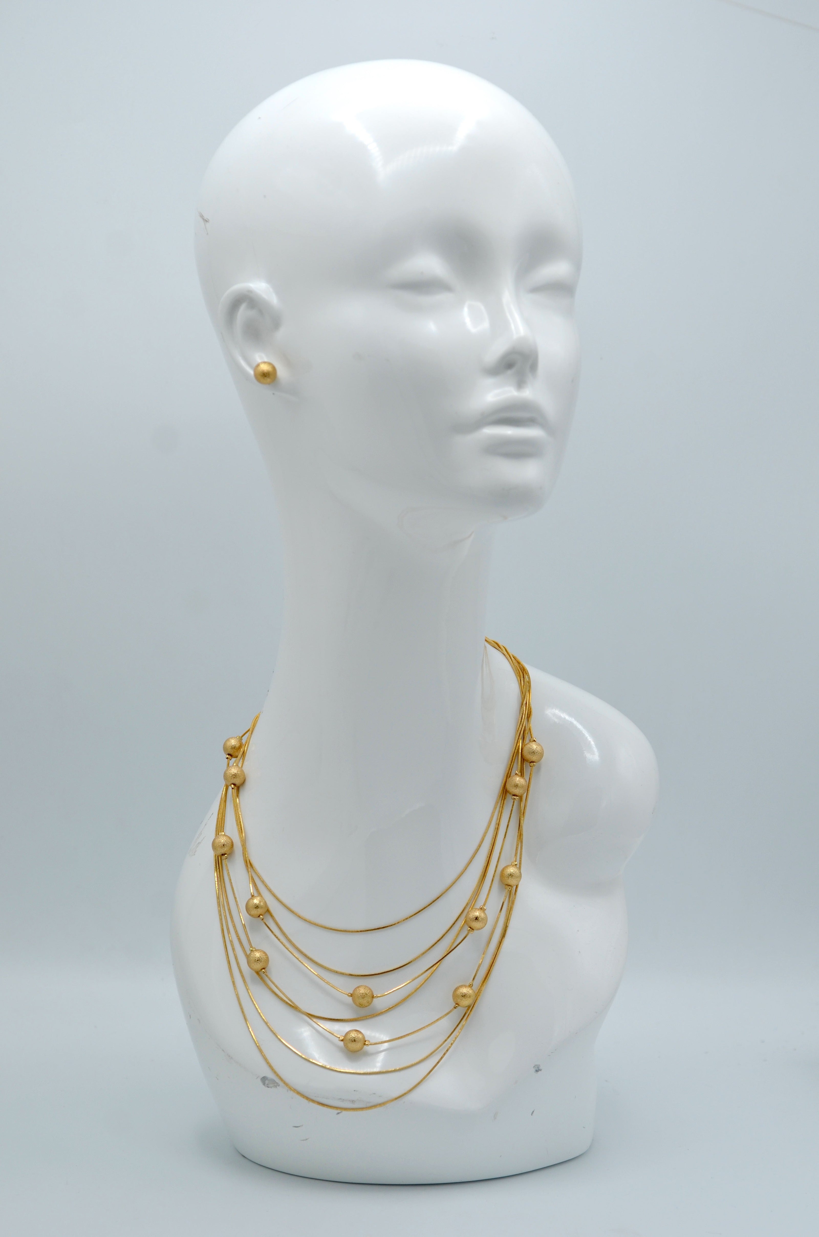 Gold Hammered Ball beads Multi-stand Long Necklace and Earrings Set  #SQ4118-1 (Q14/Q15)