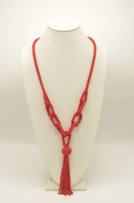 Red seed bead long tassel necklace #N2271RED