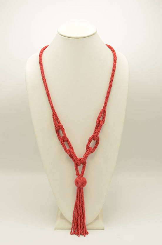 Red seed bead long tassel necklace #N2271RED