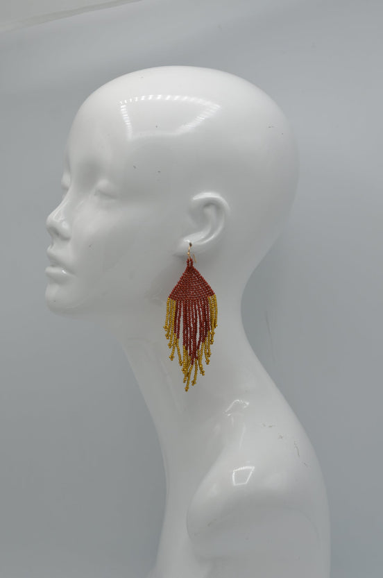 Red and gold seed bead tassel earrings#ADX0222685
