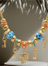 Gold Multi Color Beads Heart And Key Crystal Charm  Bracelet #HNB82320GMT
