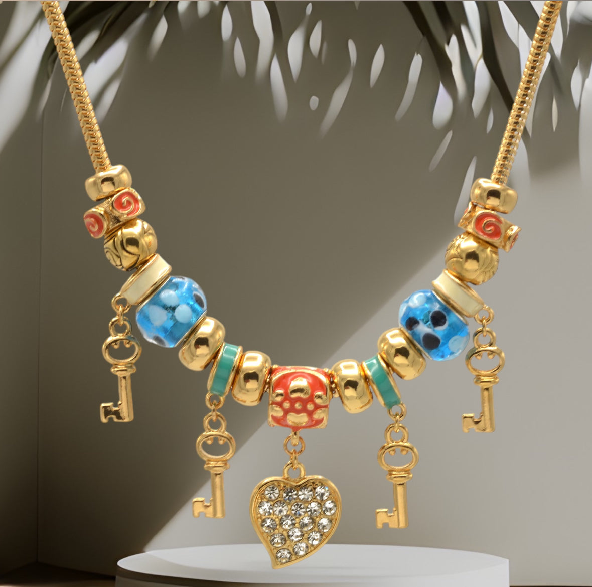 Gold Multi Color Beads Heart And Key Crystal Charm  Bracelet #HNB82320GMT