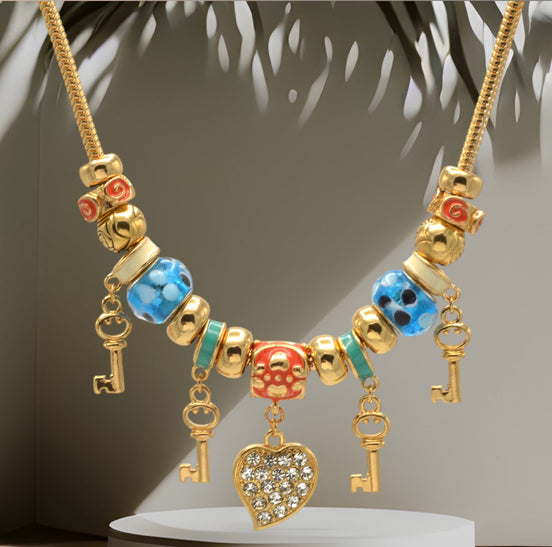 Gold Multi Color Beads Heart And Key Crystal Charm  Bracelet #HNB82320GMT