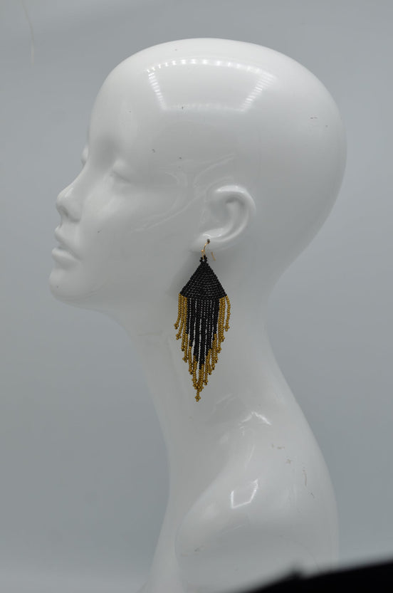 Black seed bead tassel earrings#ADX0222687