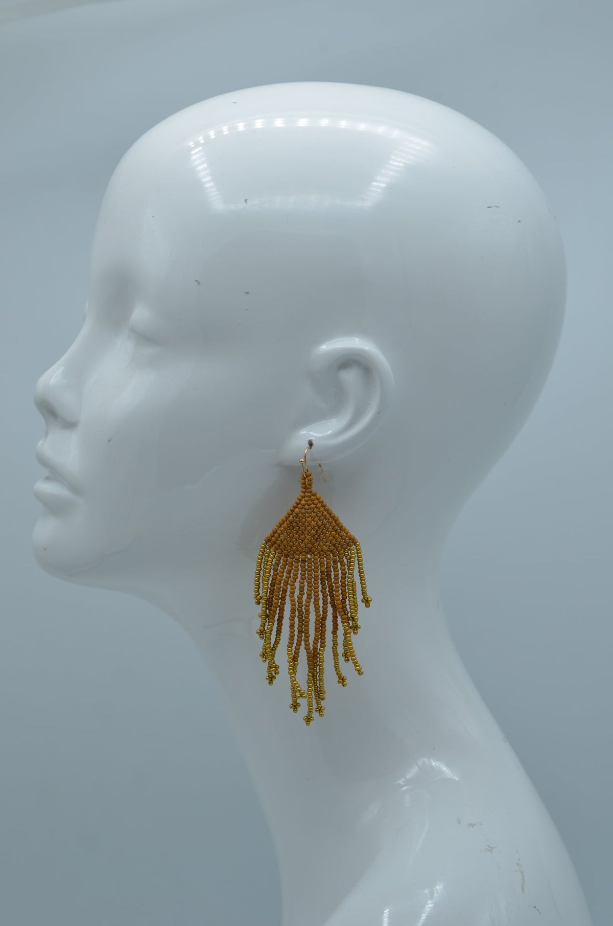 mustard yellow seed bead tassel earrings#ADX0222683