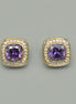 TWO TONE SQUARE AMETHYST CRYSTAL AND RHINESTONES ENGRAVED EARRINGS# 93099ER-AM(FF15)