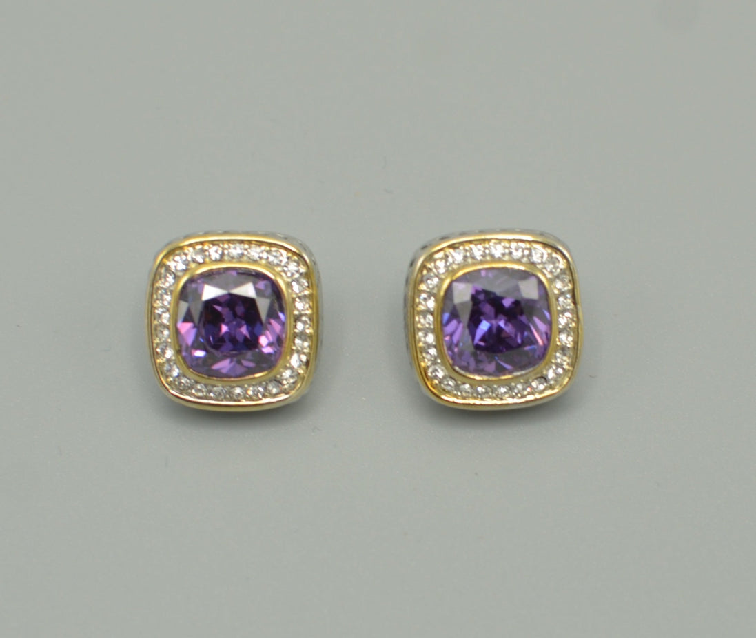 TWO TONE SQUARE AMETHYST CRYSTAL AND RHINESTONES ENGRAVED EARRINGS# 93099ER-AM(FF15)