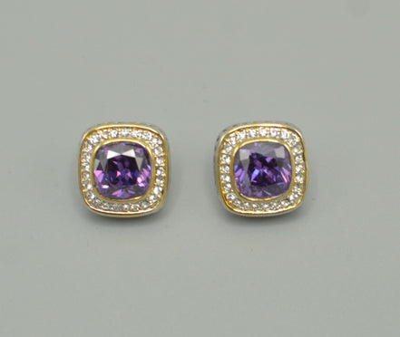 TWO TONE SQUARE AMETHYST CRYSTAL AND RHINESTONES ENGRAVED EARRINGS# 93099ER-AM(FF15)