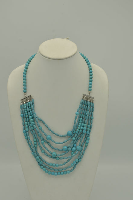 SILVER TURQUOISE BEAD MULTI LAYER LONG NECKLACE #FW1403954 (HC9/H SEC)