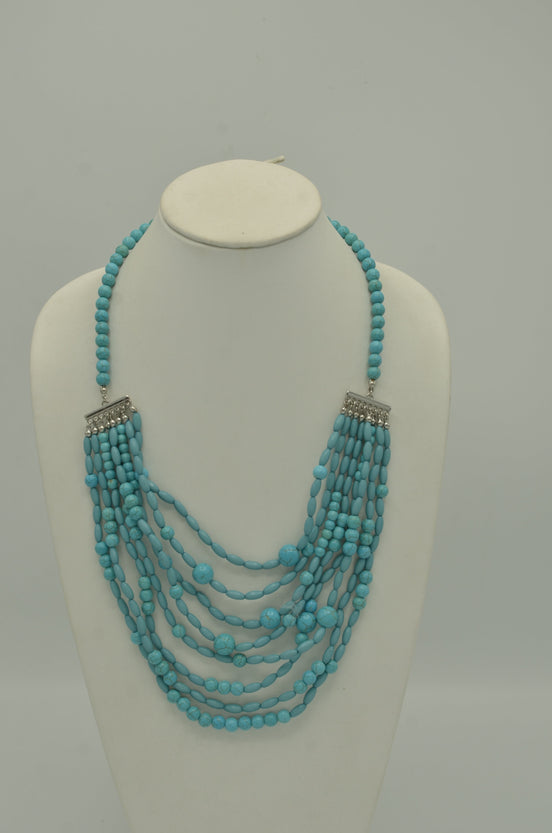 SILVER TURQUOISE BEAD MULTI LAYER LONG NECKLACE #FW1403954 (HC9/H SEC)