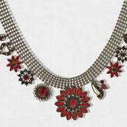 Hematite-Tone Necklace with Red Crystal Flower Charms#255RD1401 (1C11/1A5)