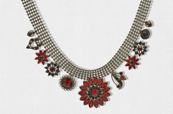 Hematite-Tone Necklace with Red Crystal Flower Charms#255RD1401 (1C11/1A5)