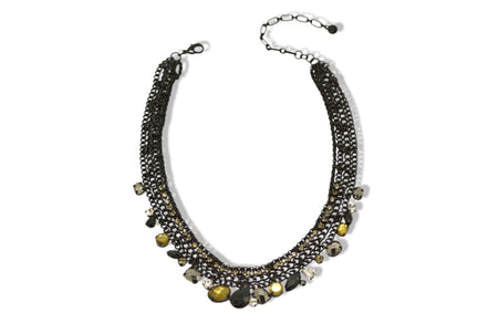 Black Metal Necklace with Black, Clear, and Brownish-Yellow Faceted Crystals – Bold, Vibrant, And Perfect For Any Occasion! #256BK1401(1B9/1F7)