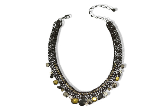 Black Metal Necklace with Black, Clear, and Brownish-Yellow Faceted Crystals – Bold, Vibrant, And Perfect For Any Occasion! #256BK1401(1B9/1F7)