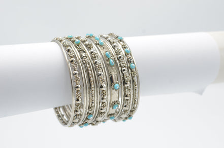 SILVER AND TURQUOISE 18 PCS BANGLE SET#KB00804_S-TURQ (KNA6)